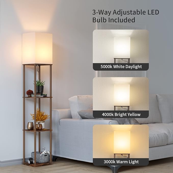 SUNMORY Floor Lamp with Shelves, Standing Lamps for Living Room, Brown | 3 CCT LED Bulb Include, 4-Tier Display Bookshelf, 63" Tall Corner Shelf Lamp, Modern Style for Bedroom, Office, Home Decor