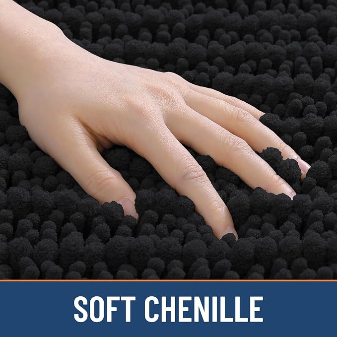 Smiry Bathroom Rugs 59X20, Extra Soft Rubber Backing Chenille Bath Mats | Black Machine Washable Non Slip Quick Dry Bath Mats for Bathroom Floor, Tub, Shower, Home Decor Accessories