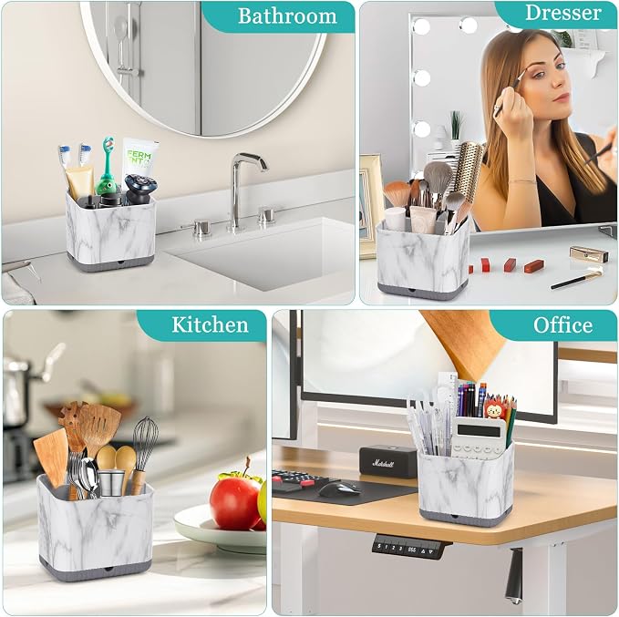 Toothbrush Holder for Bathrooms, Toothbrush Organizer (Grey Marble Grain) | Easy To Clean, Drainage, Removable, Non-Slip, 4 Slots Tooth Brush Holder for Bathroom Countertop Organizer