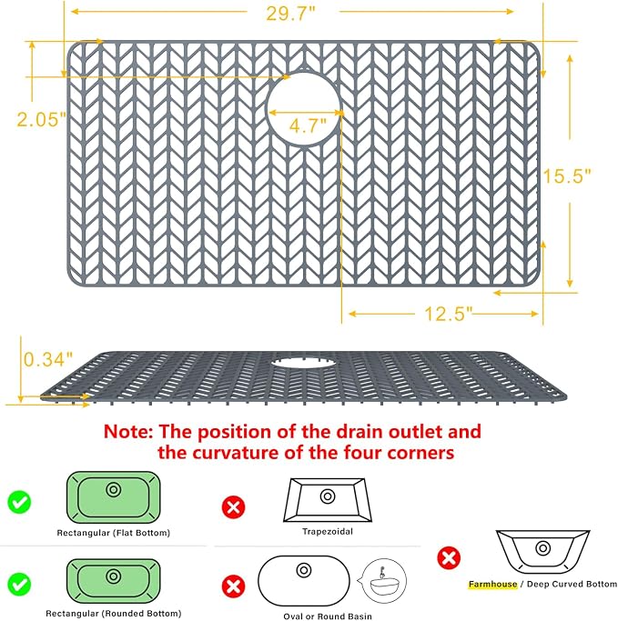 Sink Protectors for Kitchen Sink 29.7"x15.5" Rear Drain Sink Mat | Various sizes and styles,Protector for sinks and dish,Withstand to 500F,Food-grade silicone ,raised feet,Dishwasher Washing