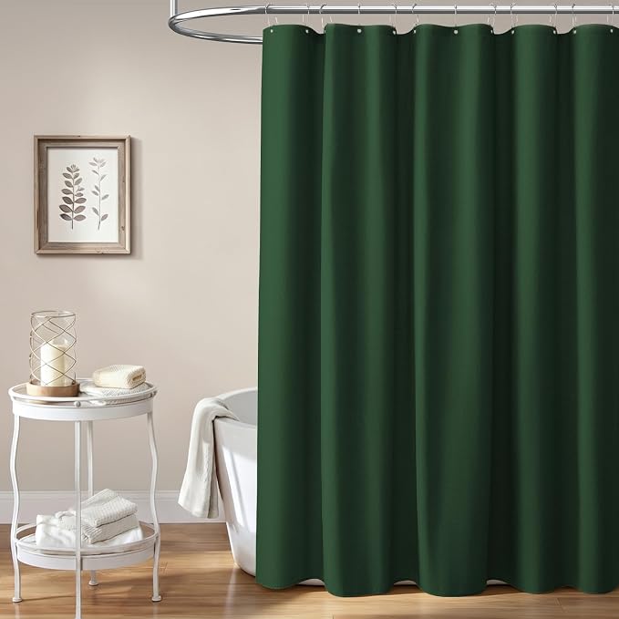 Emerald Green Linen Textured Waterproof Fabric Shower Curtain, 72x72 | 230GSM Polyester, Heavy Duty Cloth, Weighted Hem, 12 Plastic Hooks, Modern Hotel Style, Machine Washable, Bathroom Decor