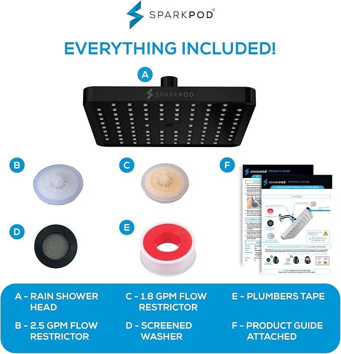 SparkPod Rain Shower Head, 8 Inch Square, Midnight Black Matte Finish | High Pressure Shower Heads, 90 Nozzles, Adjustable Showerhead, No Tools Needed, Universal Connection