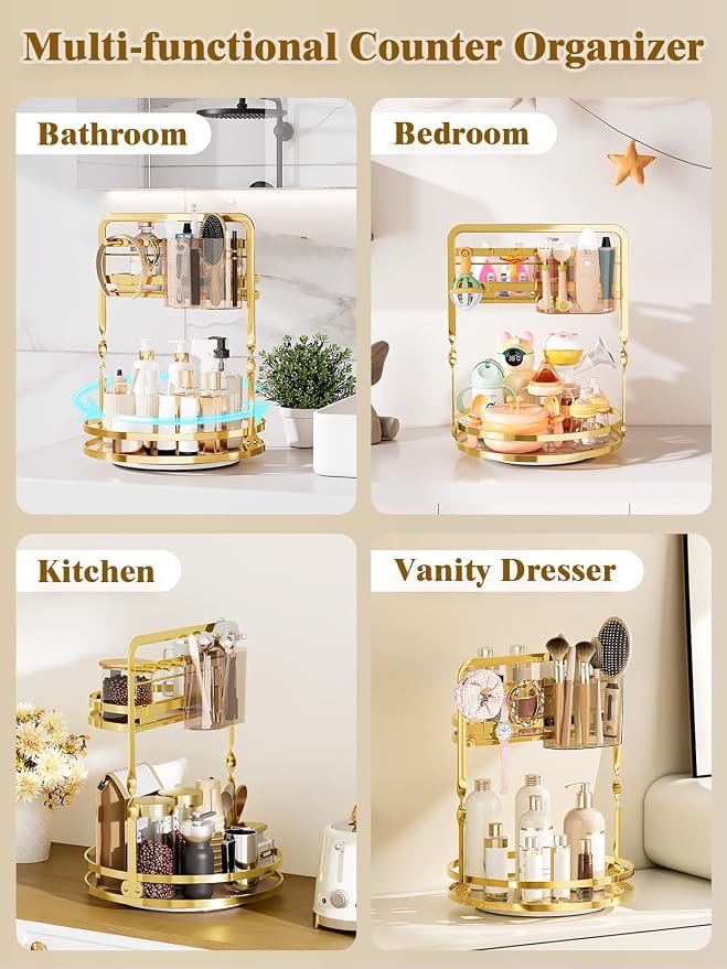 360° Rotating Makeup Organizer for Vanity, Gold Bathroom Organizer | 2-Tier Perfume Organizer with Makeup Brush Holder & Jewelry Hooks,Spinning Counter Shelf Storage for Perfume Skincare Dresser