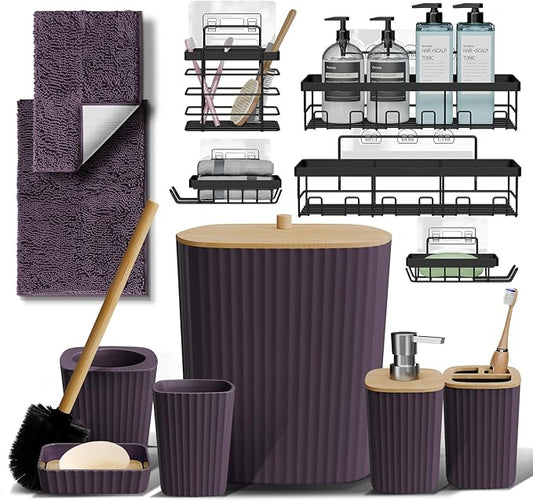 Clara Clark Bathroom Set - Purple Bathroom Accessories Set, 6PC Bathroom Accessory Set, Bathroom Sets with Bathroom Rugs, Adhesive Corner Shower Caddy Hanging, Toilet Brush, Trash Can & Soap Dispenser
