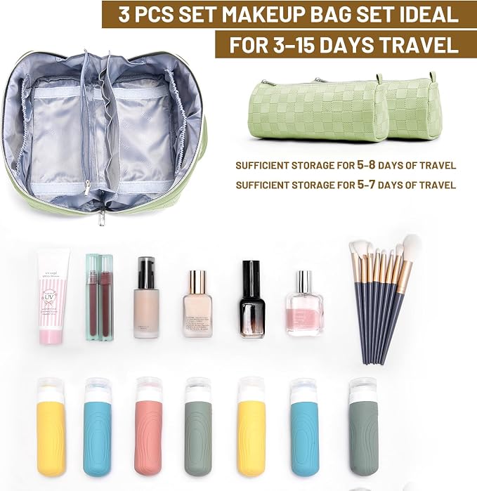 BOYATU Travel Makeup Bag Organizer: 180°Open-Flat 3 Pcs Make up Bags Set | Large Capacity Holds 10–20 Full-Size Bottles for 3–15 Day Trips Travel Essentials - Cosmetic Toiletry Case Gift Women(Green)