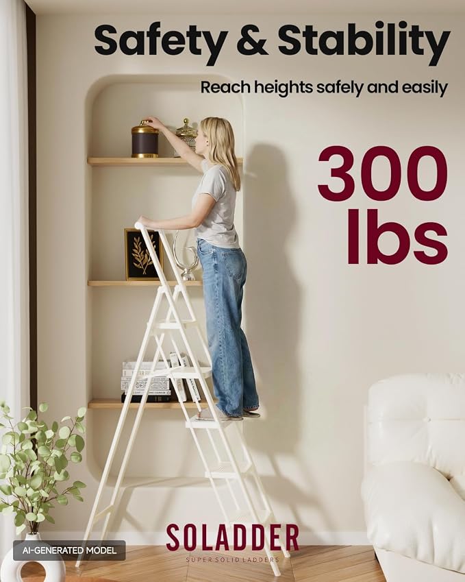 5 Step Ladder, Folding Step Stool, Lightweight Stepladder, White | Reach 10ft;Anti-Slip 7.9'' Wide Pedal;Portable Handrail;Space-Saving;For Kitchen, Home, Library, Office Use;300lbs Capacity