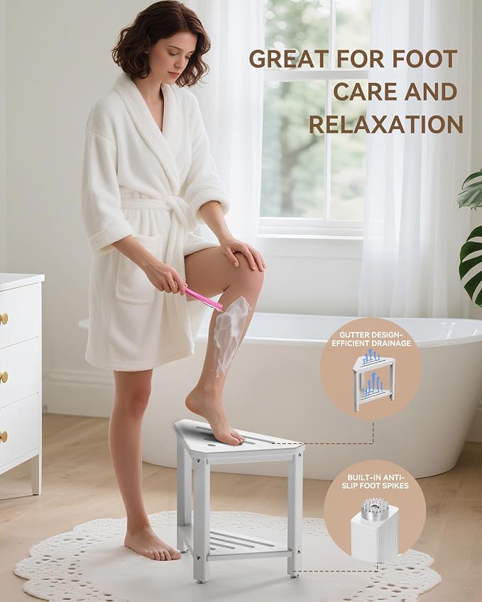 Shower Foot Rest 15in, HDPE Waterproof Shower Stool for Inside Shower, Corner Shower Stool for Shaving Legs with Storage Shelf for Small Space, Shower Step Stool, Plastic Corner Shower Bench, White