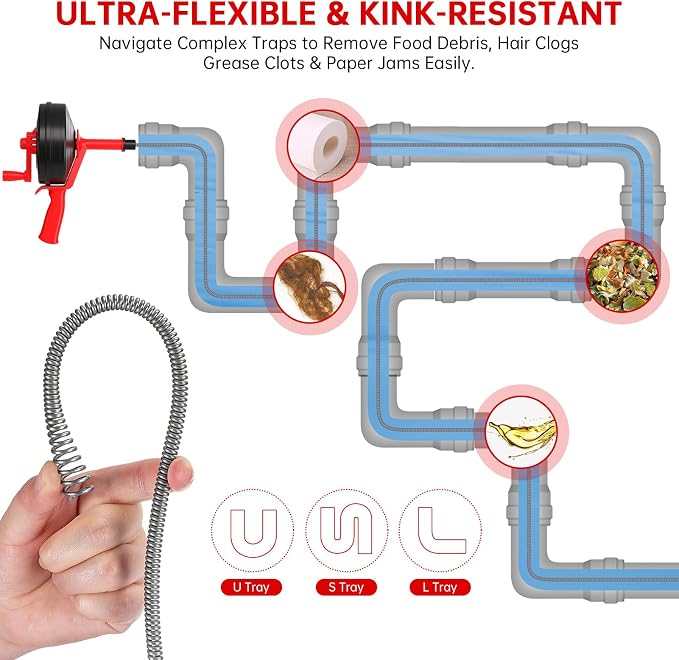 25 Feet Drain Snake Auger SEVVETROOL Plumbing Snake Drain Hair Clog Removal Tool | Plumbing Snake Clog Remover with Glove for Shower,Bathtub,Sink,Kitchen,Sewer(7.5M/25ft,Red)