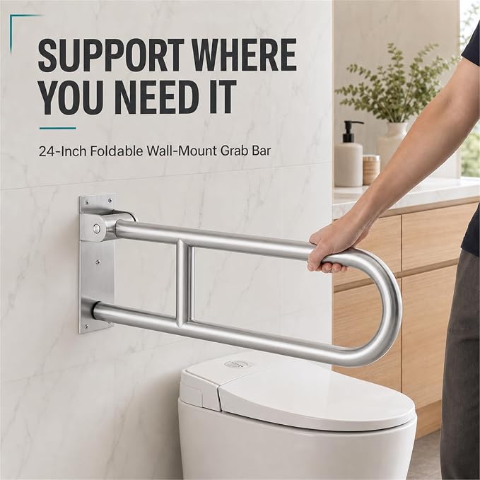 Foldable Toilet Grab Bar - 24 Inch T304 Stainless Steel Rail | Bathroom Flip Up Handle for Wall Mounted Support, Flip Up Design, Space Saving, Easy Installation
