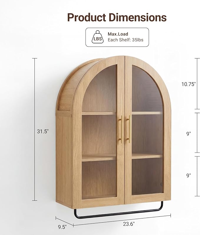 Seang Bathroom Arched Wall Cabinet,23.6" Modern Medicine Cabinet with Towel Bar and Adjustable Shelf,Over The Toilet Wall Storage Cabinet for Laundry Room,Living Room,Kitchen,Natural
