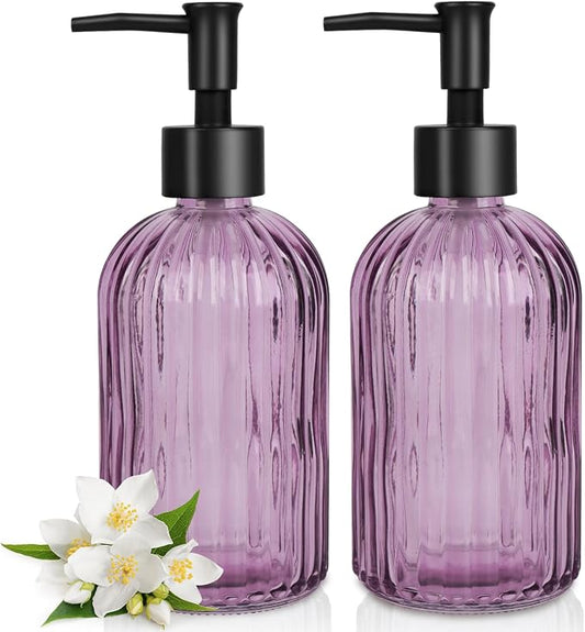 2 Pack Stripe Glass Soap Dispenser with Black Plastic Pump, 400ml Liquid Hand Soap Dispenser, Rustproof Pump for Kitchen & Bathroom, Great for Lotions, Essential Oil, Liquid Soaps- (Purple)