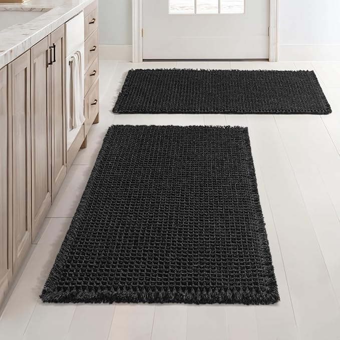 MIULEE Set of 2 Waffle Bathroom Rugs Boho Bath Mat Black 18x30 Inch | Non Slip, Super Absorbent, Washable, Ultra Soft, Rubber Backed Bath Rugs for Bathroom Floor Tub Shower