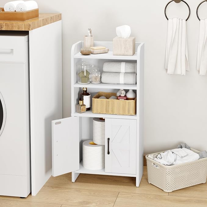 Small Bathroom Storage Cabinet, Farmhouse Freestanding Toilet Paper Storage with 2 Doors and Shelves, Slim Bathroom Storage Cabinet for Small Spaces, White, 7.9" D x 14.2" W x 29.5" H