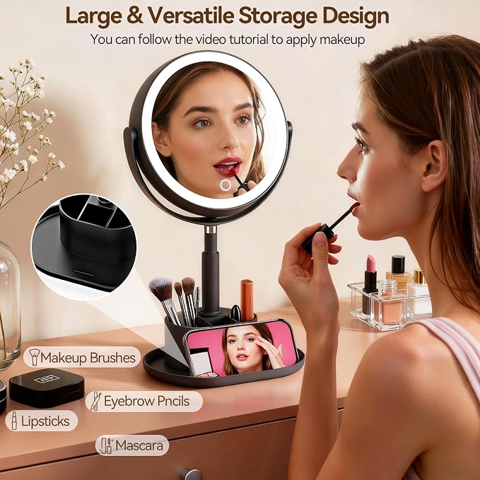 20X Magnifying Mirror with Lights and Storage, Double Sided Vanity Mirror | Rechargeable Makeup Mirror, 3 Color Lighting, Fast Charge and Long-lasting Work, Height Adjustable, Memory Function, Black