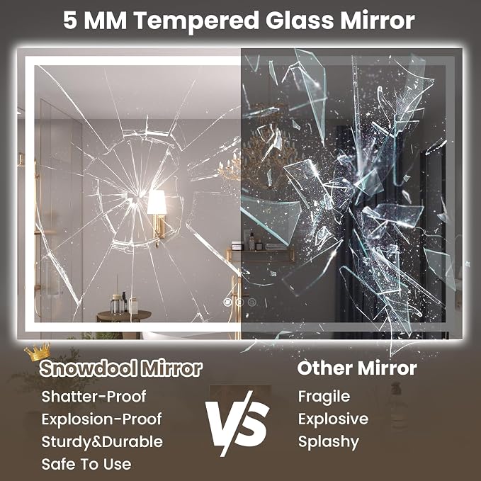Snowdool 48 x 40 in LED Bathroom Mirror, Front and Backlit, Anti-Fog | Front and Backlit, 3 Color Temperatures, Anti-Fog, Tempered Glass