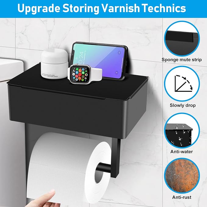 Toilet Paper Holder with Storage, Shelf of Bathroom Toilet Tissue Holder, Toilet Paper Roll Holder, Black Stainless Steel Wall Mount, No Installation & Flushable Wet Wipes Storage (2 Pack)