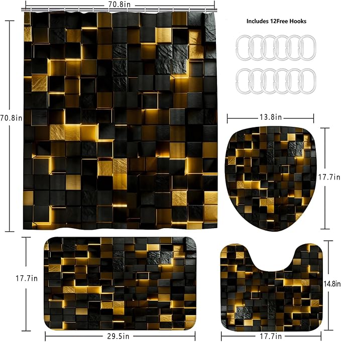 LQCOOL 4 Pcs Black Gold Shower Curtain Set with Rugs, 3D Cube Modern Bathroom Set, Black Gold Polyester Shower Curtains for Bathroom with 12 Hooks, Toilet Lid Cover & U-Shaped Mat