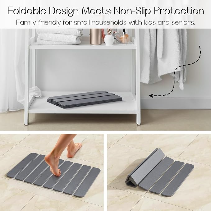 Foldable Stone Bath Mat for Bathroom, Non-Slip Mat, Quick Dry 24" x16" Grey | Large Super Absorbent Diatomaceous Earth Mats, Quick Drying, Eco-Friendly Easy to Clean, Easy Storage, Silicone Non-Slip Base