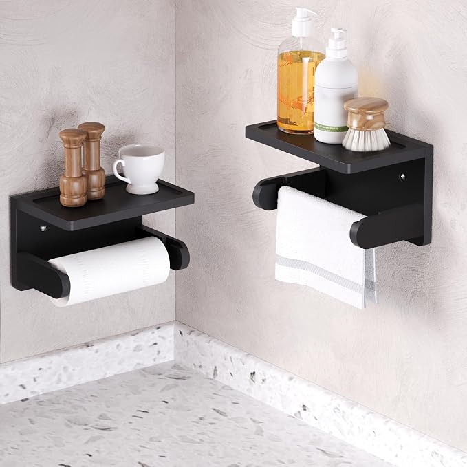 VERTORGAN 1 Pack Bamboo Toilet Paper Holder with Phone Shelf(Black) | Bathroom Tissue Holder,Wall Mounted Rack,Space-Saving Organizer,Phone Shelf Stand,Easy Installation,Toilet Paper Rack