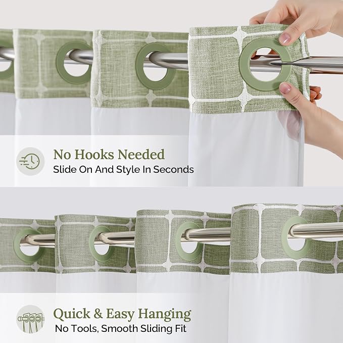 RiverDream Farmhouse No Hooks Shower Curtain with Snap-in Liner,Green,36x74 | Snap on Fabric Liner,Heavy Duty,Quick Dry,Mesh Top Window,With Bottom Magnets,Washable,with Tassels,Stall Size