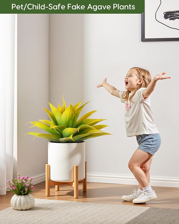 Velener Artificial Agave Plant Set, 28 Inch, Faux Aesthetic Plants for Home Decor, Realistic UV Resistant Fake Yellow Agave Plants Without Pot, Set of 2