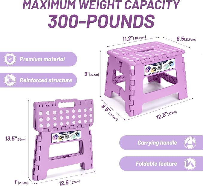 Delxo 9 Inch Kids Step Stool,300 Lbs Folding Step Stool for Toddler Purple | Foldable Step Stool,Non-Slip Foot Stools with Handle, Lightweight Collapsible Stool for Kitchen,Bathroom,Bedroom,Garden