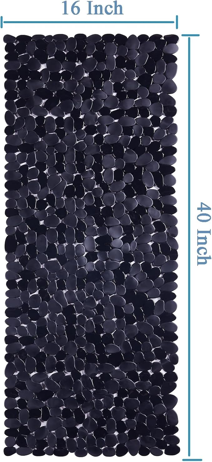 Webos Bath Shower Mat Non Slip: Extra Large Pebble Bathtub mat for Families, Anti Slip Shower Matt with Drain Holes Suction Cups Tub Mat - 16 X 40 Inch Black