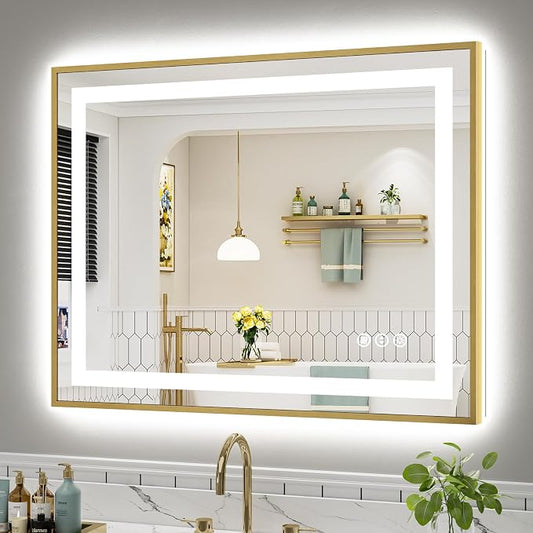40x32 Inch LED Bathroom Mirror with Gold Frame, Backlit & Front Lit | Anti-fog, 3 Color Dimmable, Memory Function, HD Reflection Tempered Glass, ETL Listed, IP54 Waterproof