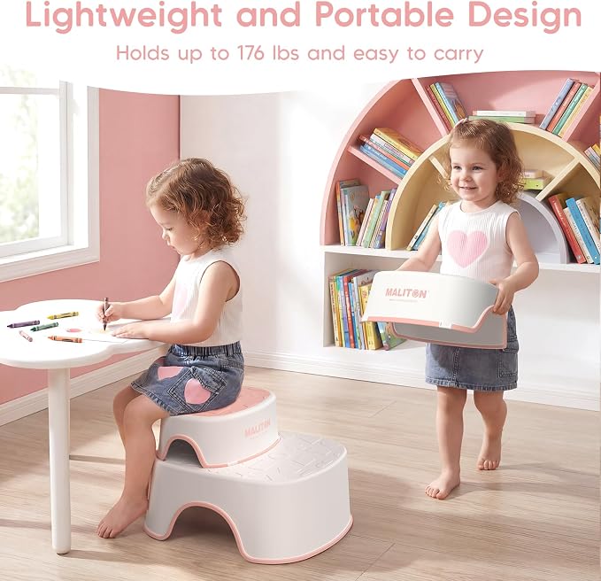 Maliton Potty Training Seat 2-in-1 with Step Stool & Anti-Slip Pink | ﻿ Potty Seat + Separate Step Stool, Adjustable Fits More Toilets, Anti-Slip, Sturdy, Splash Guard, Easy clean，Boys & Girls.