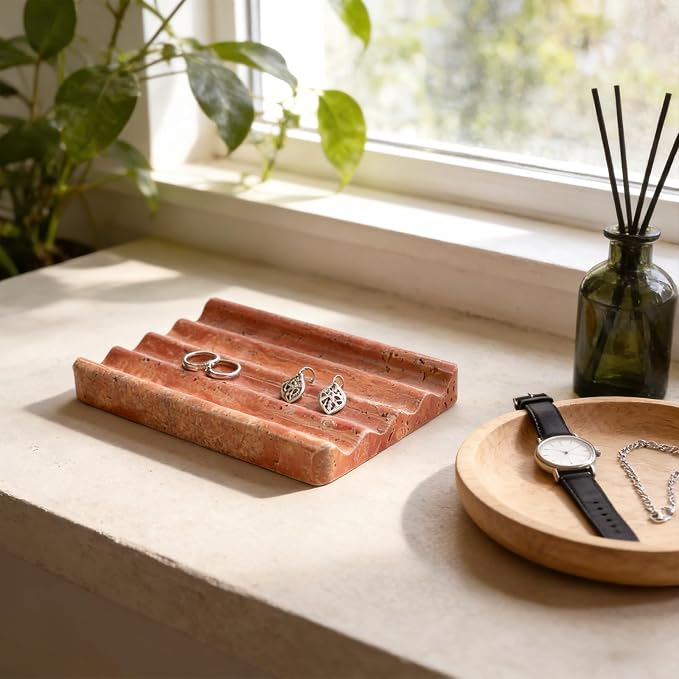 Karibiber Travertine Soap Dish, Red Marble Bar Soap Holder Shower, Bathroom Soaps Saver, Easy Cleaning Natural Stone Sponge Holder for Kitchen Sink, Executive Jewelry Ring Tray