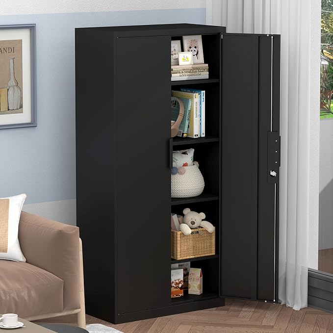 Black Storage Cabinet, Metal Garage Storage Cabinets with Adjustable Shelves, 72.05" H Heavy Duty Tall Cabinet with Locking Doors, Steel Organizer for Basement, School