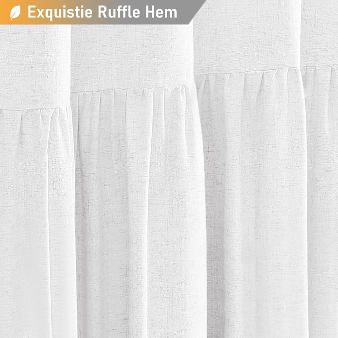 Extra Long Linen Ruffle Farmhouse Cloth Shower Curtain, 72x84, White | Ruffle Hem, Heavy Duty Fabric, 12 Hooks, Elegant Drape, Shabby Chic Style, Bathroom Decor, Machine Washable, Easy To Install