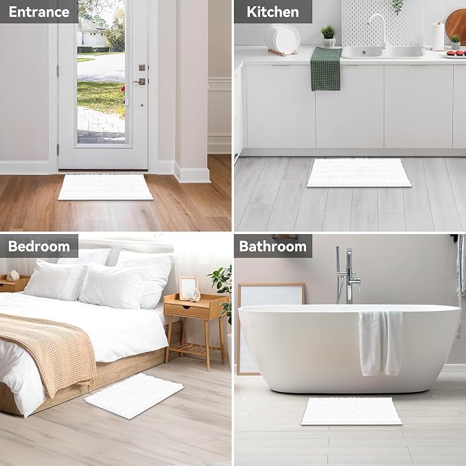 Bcoimo Small Bath Rug Mat,Chenille Extra Soft White Bathhroom Mats for Tub | Non Slip with Rubber Back 24x17 Bathroom Rugs;High Absorbent,Quick Dry Microfiber mat; Machine Washable;Extra Soft Bath Rug