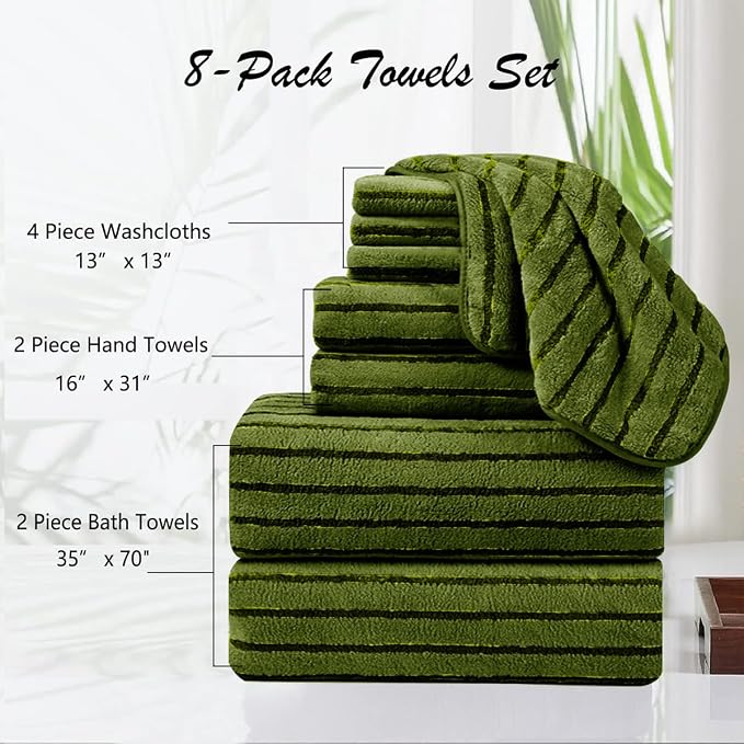8 Pcs Army Green Cabana Stripe Large Bath Towel Set Oversized Bath Sheet-2 Bath Towels,2 Hand Towels,4 Washcloths Soft Jumbo Towels Absorbent Shower Towel Beach Chair Towels Spa Gym Hotel Towel