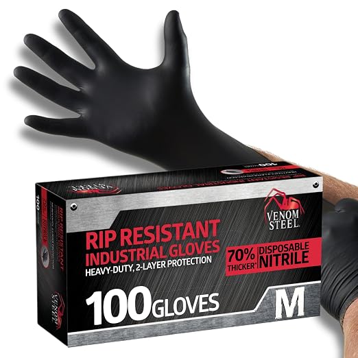 Venom Steel Industrial Nitrile Gloves, Chemical Resistant Disposable Black Gloves, Latex-Free, Powder-Free, Textured Grip, Heavy Duty Two-Layer Protection, 6 mil,Medium, 100 Count