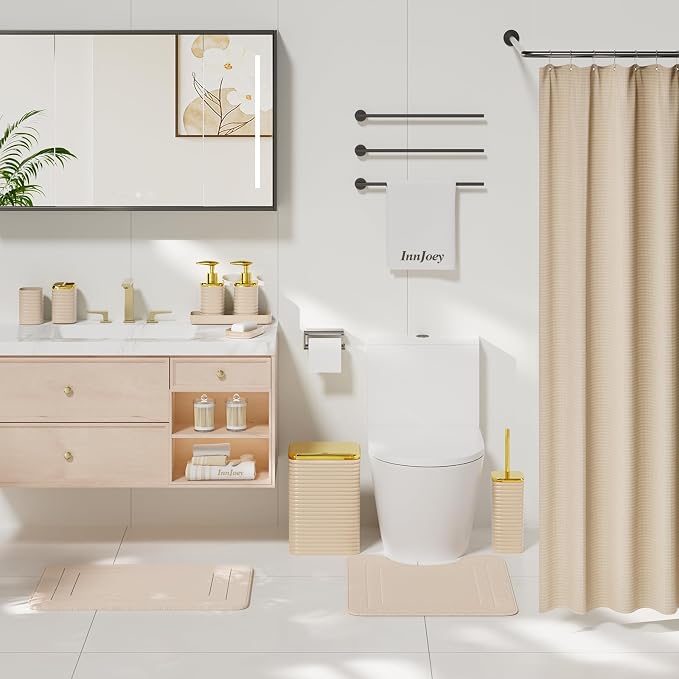 Bathroom Set - 25PC Bathroom Sets with Shower Curtain and Rugs, Beige Bathroom Set, Bathroom Accessory Set, Luxury Bathroom Accessories Set, Trash Can, Toilet Brush, Soap Dish & Soap Dispenser