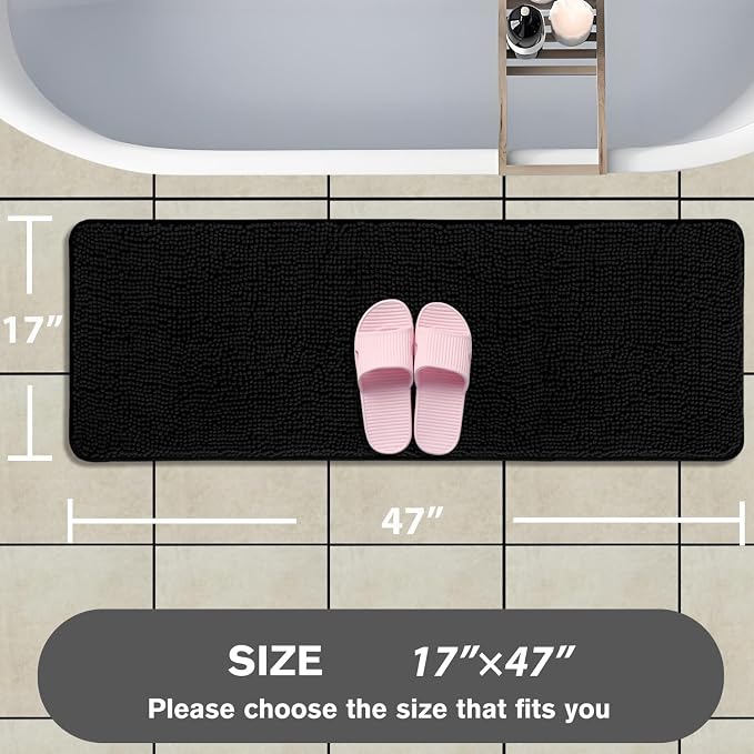 Bathroom Runner Rug 47 x 17 Inch – Long Bath Mat | Absorbent and Washable Thick Chenille Bath Rug Non-Slip Runner Rug for Bathroom, Shower, Sink(Black)
