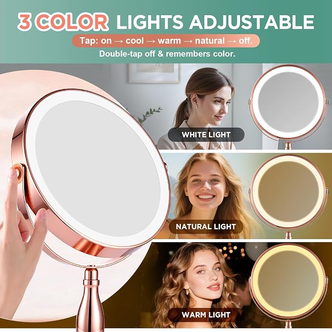 30X Makeup Mirror with Lights and Magnification-Rose Gold 8" Double Sided | Magnifying Mirror, 5000mAh Rechargeable, 360° Rotation, (Side Touch+Side Port), 3 Color Modes, Dimmable Light, for Vanity