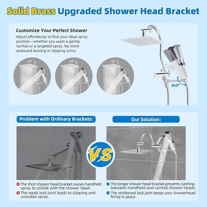 Hibbent All Metal cUPC Certified Shower Head, 10'' High Pressure Rainfall Shower Head, Showerhead Combo, Handheld Shower Wand, 12'' Adjustable Extension Arm, 4-Spray, 71'' Hose, Shower Holder, Chrome