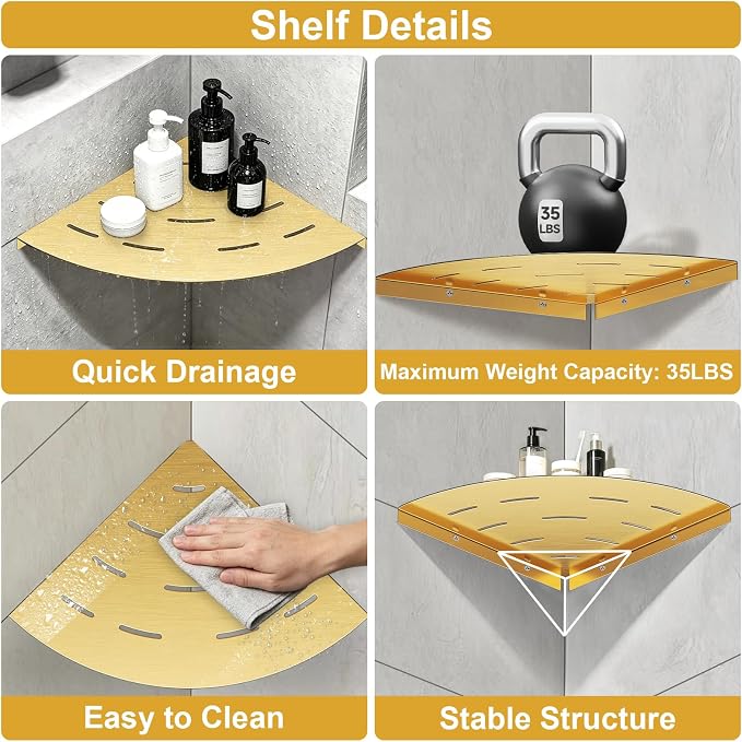 soaez Brushed Gold Corner Shower Shelf, SUS304 Stainless Steel Bathroom Shower Shelves Prevent Rust Drilling Installation (8", 2Pack)