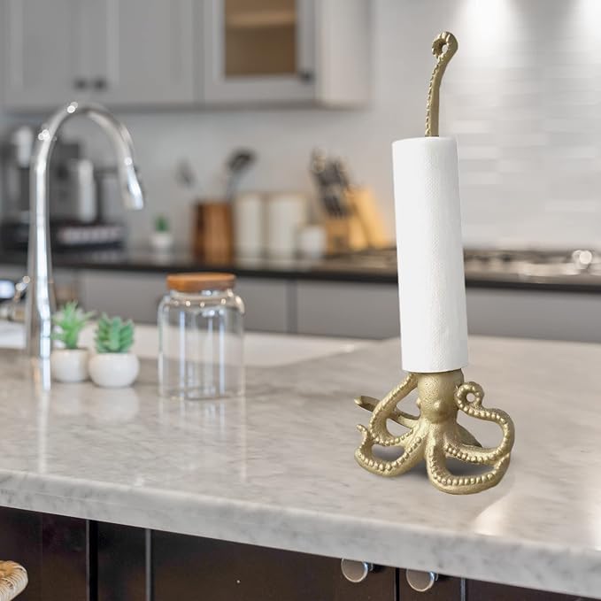 Gold Paper Towel Holder, Metal Toilet or Kitchen Paper Holder for Floor or Countertop, Gold Octopus | 18.6 inch tall gold cast iron hand towel holder for kitchen countertop or bathroom with weighted base, no assembly
