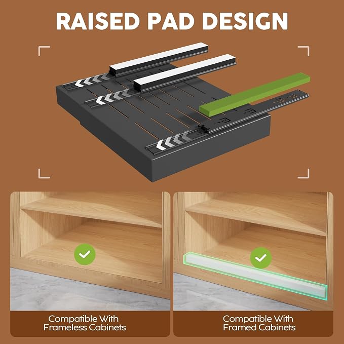 Seinloes 2Pack Expandable Pull Out Cabinet Organizer 21"Deep with Raising Pad for Framed Cabinets, Upgrade 3 Slide Rails Slide Out Drawers, Roll Out Shelves Adhesive,Adjustable Width 12.05"-20.4"Black
