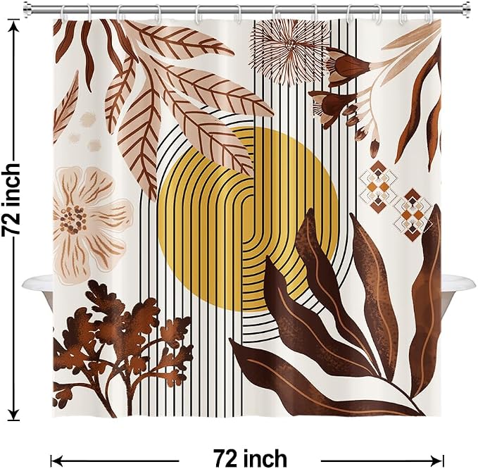 Boho Brown Shower Curtain for Bathroom 72x72 Inch | Waterproof Abstract Tan Floral and Leaves Shower Curtain Set with Hooks, Mid Century Bathroom Decor