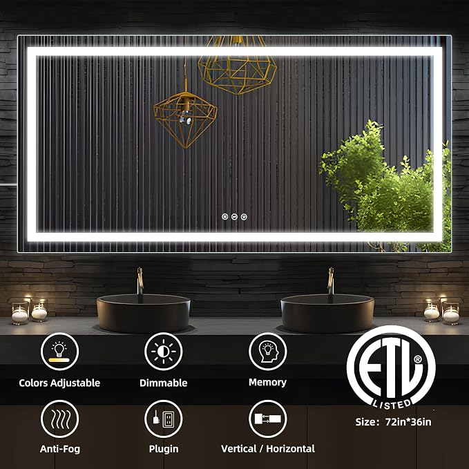 72x36 Inches LED Bathroom Mirror with Backlit & Front Light, Smart 3-Color Dimmable Anti-Fog, 3000k/4000k/6500k Wall-Mounted for Home and Hotel