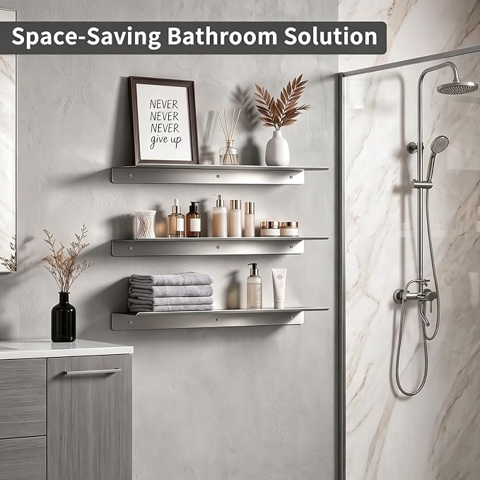 LANC 8" Small Floating Shelf for Wall Storage, Stainless Steel Metal Bathroom Shelf on Wall Mounted, Brushed Nickel Mini Display Shelves for Bathroom/Living Room/Shower Caddy, A7283BN-L2