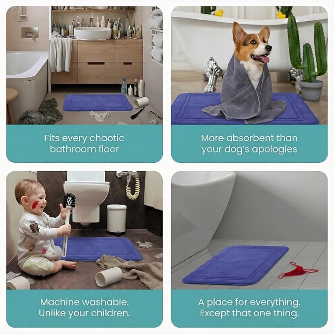 Memory Foam Bath Mat 24x16, Non Slip, Machine Washable, Quick Dry & Absorbent Rugs, Bath Mats for Bathroom Floor, Tub & Shower, Bathroom Rug, Blue