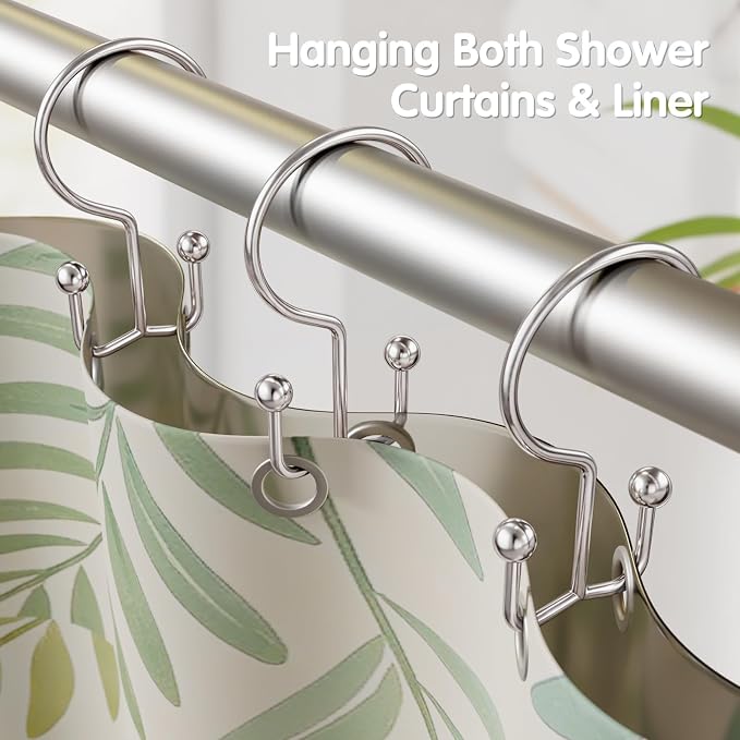 OEH Shower Curtain Hooks, Metal Shower Curtain Rings, Silver Shower Curtain Hooks Rust Proof, Double Shower Rings for Curtain, Easy Install Anti-Drop Shower Hooks for Shower Curtain (Chrome, 12 Pack)
