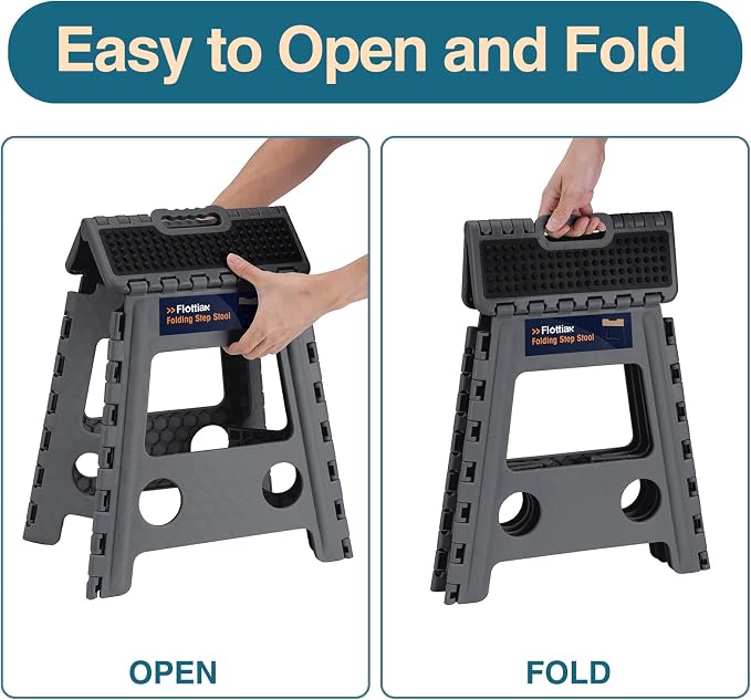 Flottian 16" Folding Step Stool for Adults and Kids Holds Up to 300 lbs,Non-Slip Folding Stools with Handle, Compact Plastic Foldable Step Stool for Bathroom,Bedroom, Kitchen, Gray,1PC