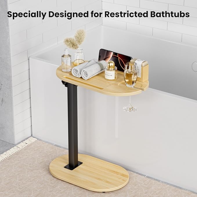 Bamboo Bathtub Table with Adjustable Height | Freestanding Bath Tray Caddy Board Tub Organizer, House Warming Gift, New Home, Bridal Shower Gift for Women