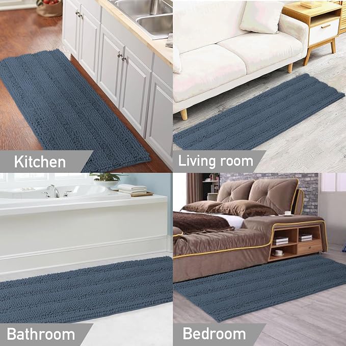 Turquoize Luxury Bath Runner, Blue Bathroom Rug 47 x 17 Inches Mat, Soft Plush Anti-Slip Shower Rugs, Microfiber Shaggy Mat Machine Washable Bath Rug for Bathroom, Blue Indigo